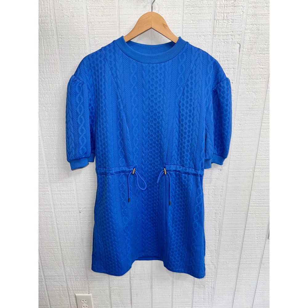 UMGEE Dress Women Royal Blue Cable Knit Puff Sleeve Drawstring Mini Size S NEW